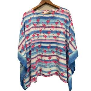 QUACKER FACTORY Womens Size M Kimono Top Blue Pink Flamingos Print Rhinestones